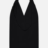 The TOTEME Twisted Jersey Halter Top is a black sleeveless summer top with a deep V-neckline and twisted strap detail, shown laid flat on a white background.