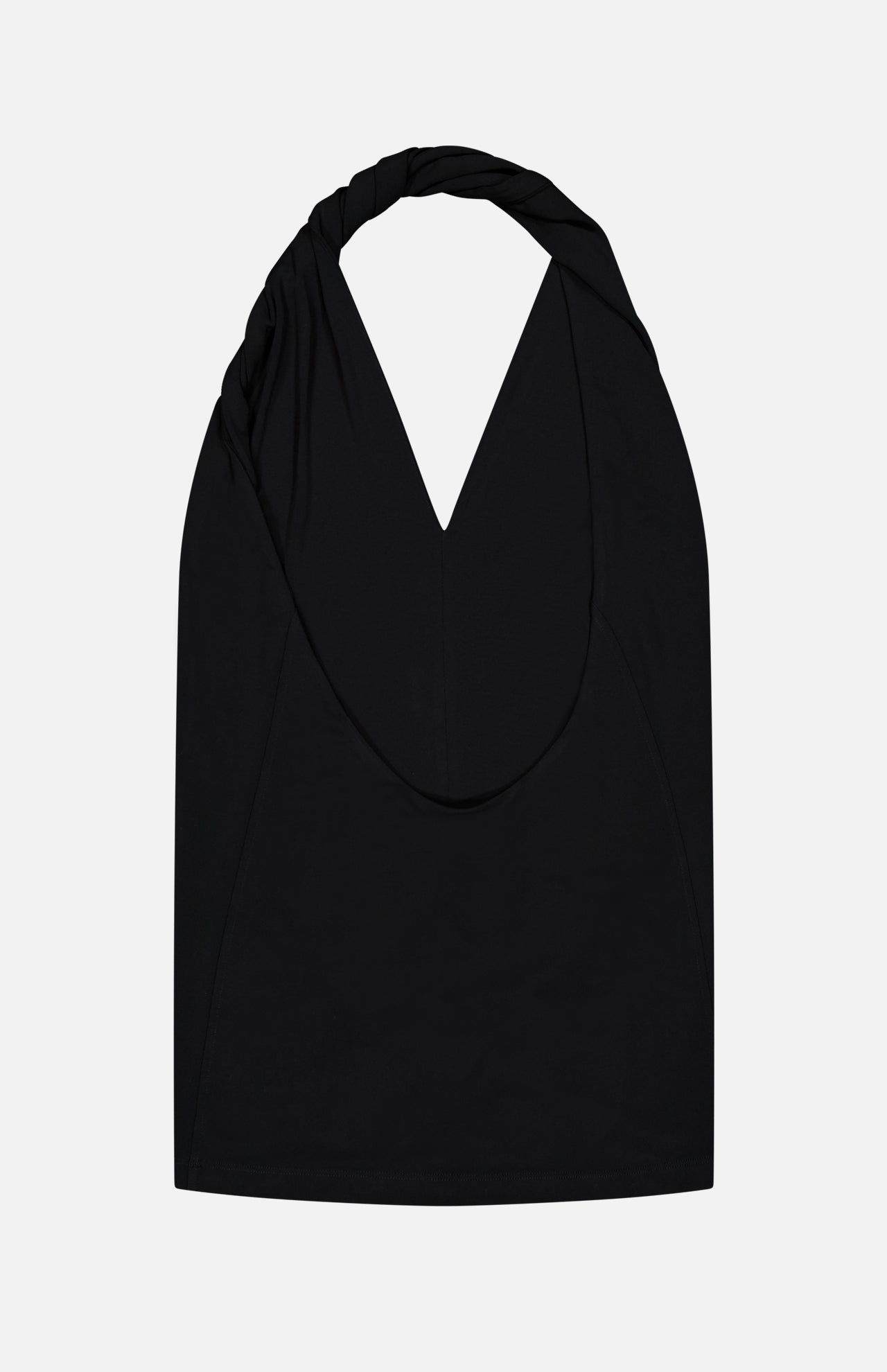 The TOTEME Twisted Jersey Halter Top is a black sleeveless summer top with a deep V-neckline and twisted strap detail, shown laid flat on a white background.