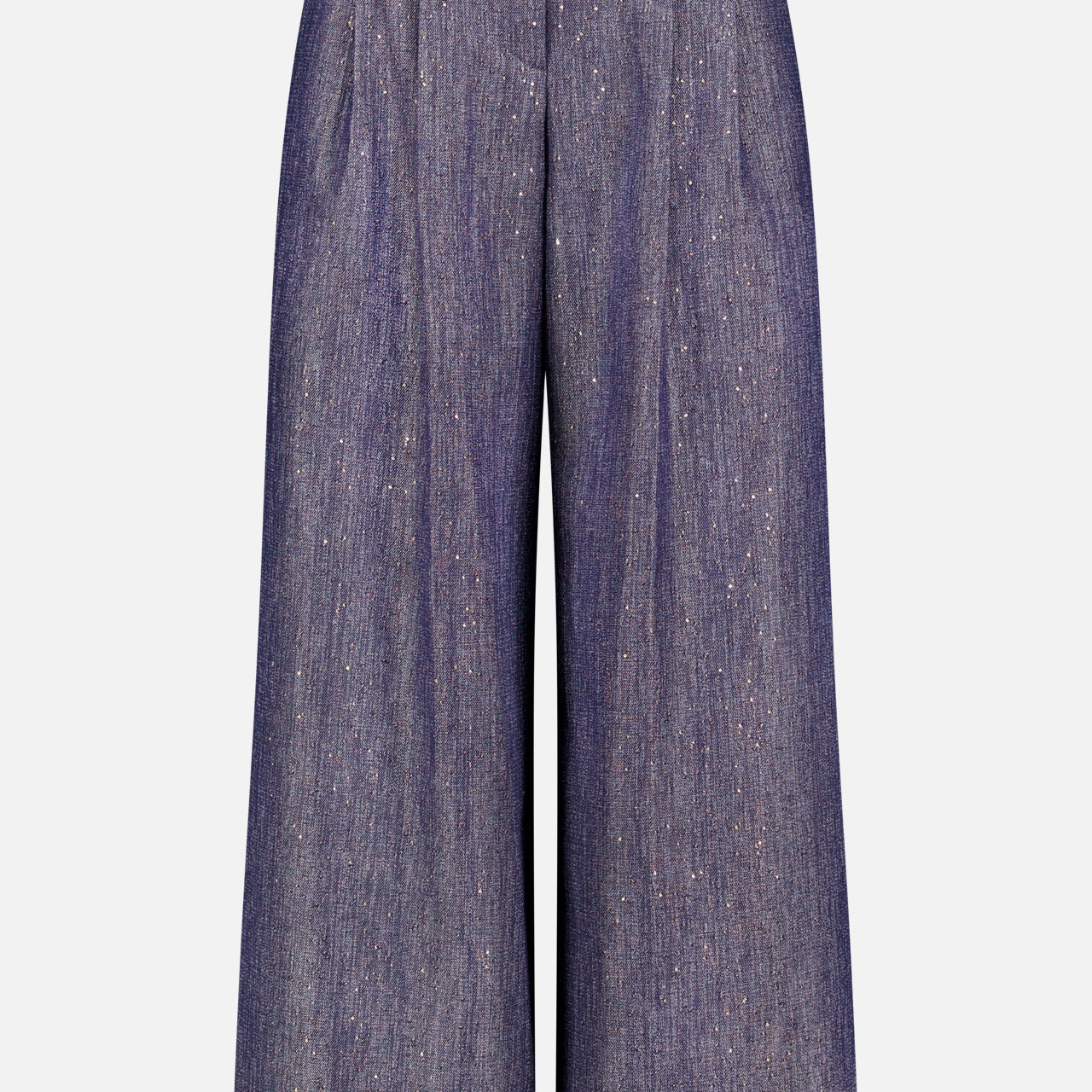 The Avery Sequin Denim Trouser Pant by TWP features a wide-leg, high-waisted design in dark blue wash with subtle vertical flecks, belt loops, pleated waist, and relaxed fit.