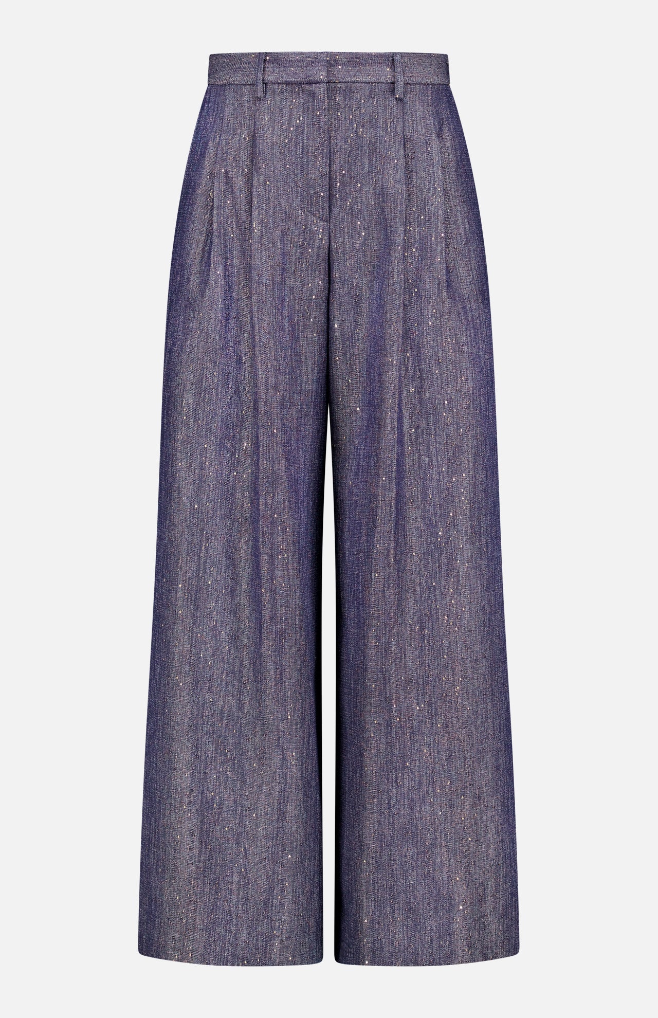 The Avery Sequin Denim Trouser Pant by TWP features a wide-leg, high-waisted design in dark blue wash with subtle vertical flecks, belt loops, pleated waist, and relaxed fit.