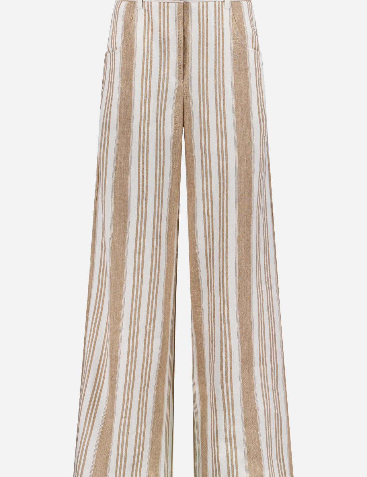 The TWP Demie Striped Wide Leg Trouser is a women’s high-rise linen pant with beige and white vertical stripes, side pockets, belt loops, and a tailored waistband, shown on a white background.