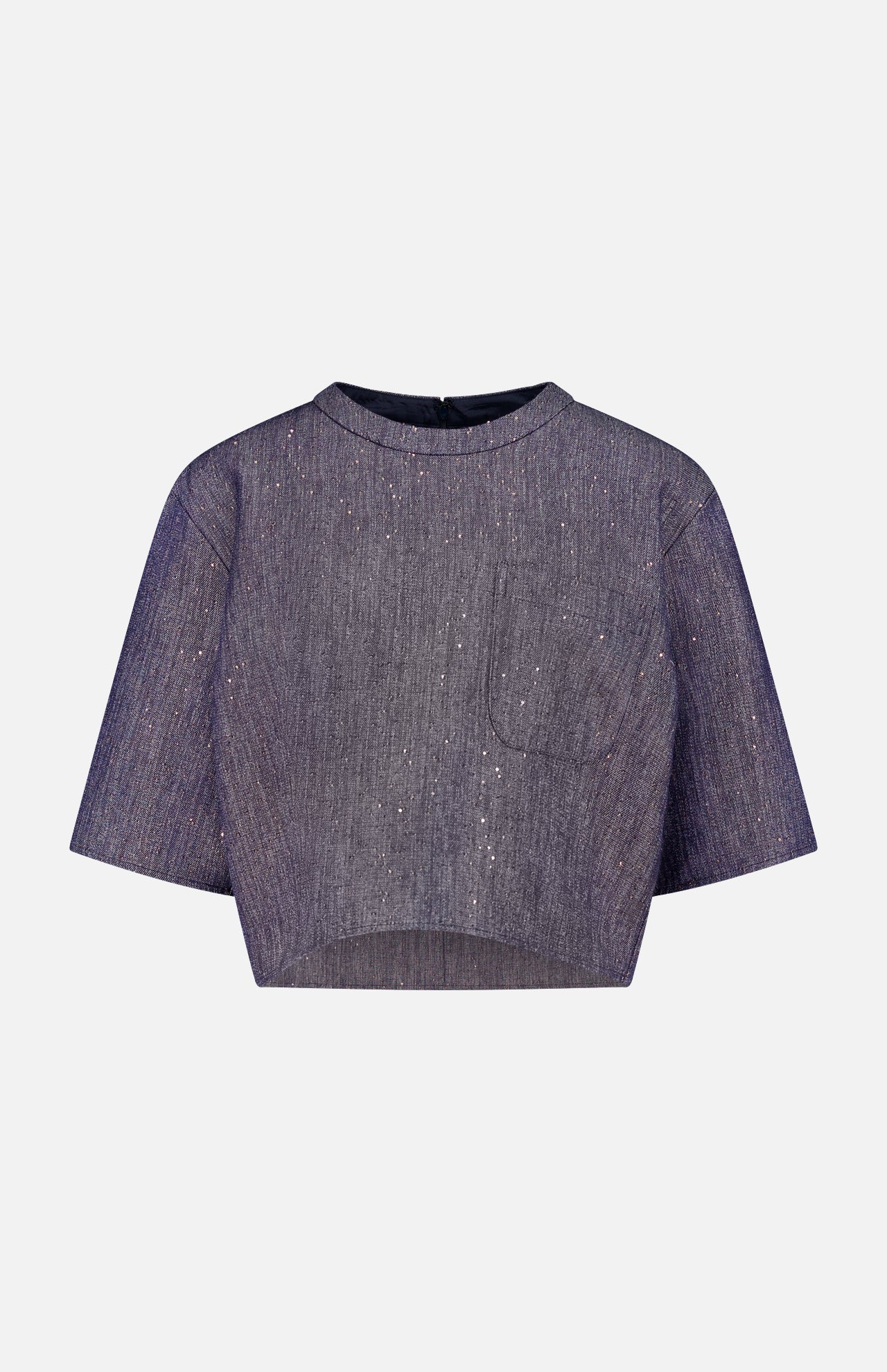 The TWP Ex Cropped Sequin Denim T Shirt features a short-sleeved, boxy silhouette in shimmery dark gray with a round neckline and small chest pocket, shown against a plain light background.