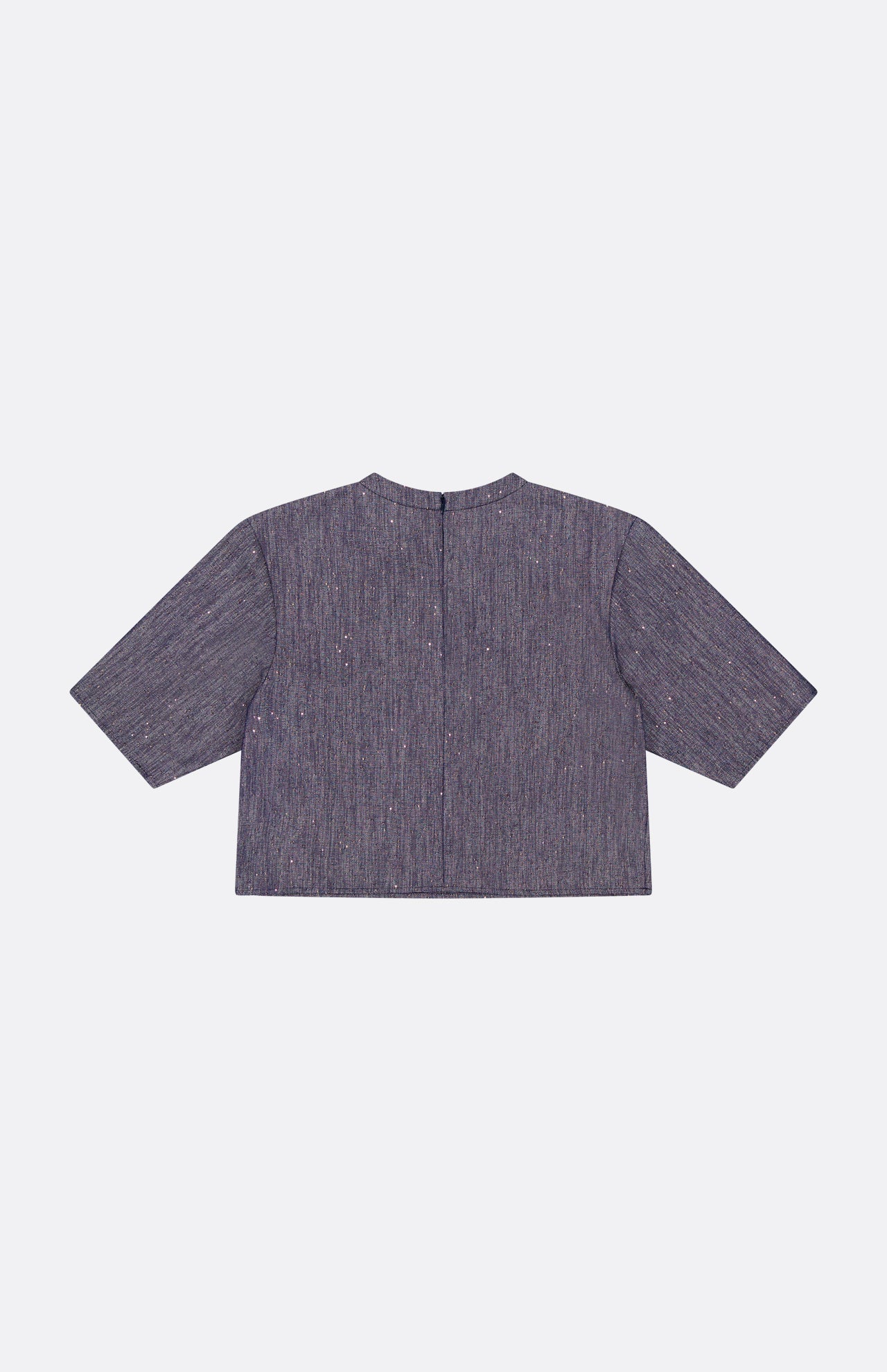 A back view of the TWP Ex Cropped Sequin Denim T Shirt, a short-sleeved, dark gray textured top with a straight hem, subtle speckled pattern, and boxy cropped silhouette, shown against a plain light background.