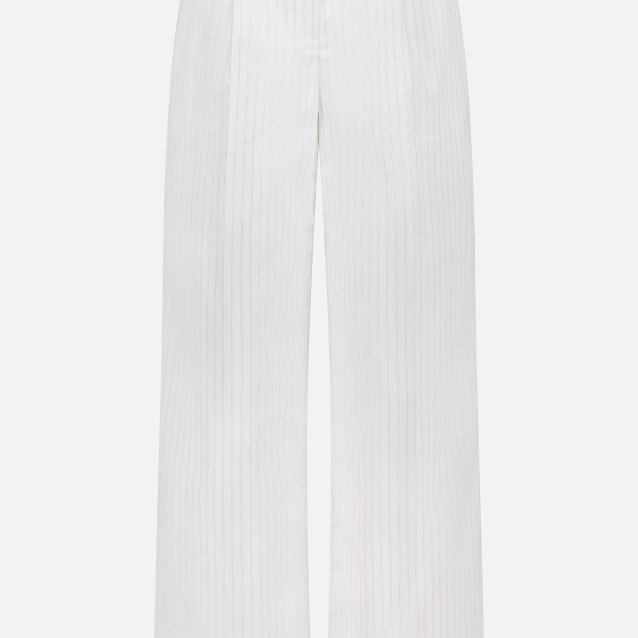 The Hudson St Trouser Pant by TWP is a white high-waisted, wide-leg pant with subtle vertical pinstripes, belt loops, concealed front closure, and crisp crease detailing.
