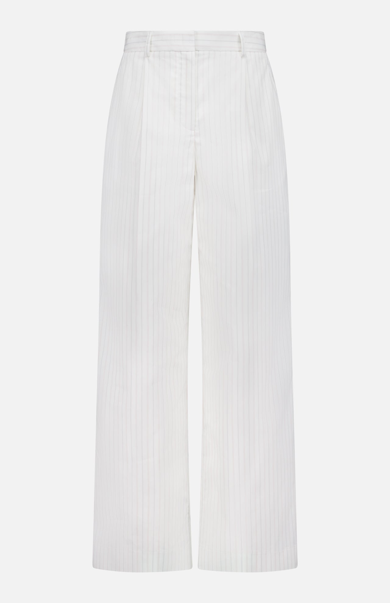 The Hudson St Trouser Pant by TWP is a white high-waisted, wide-leg pant with subtle vertical pinstripes, belt loops, concealed front closure, and crisp crease detailing.