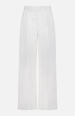 The Hudson St Trouser Pant by TWP is a white high-waisted, wide-leg pant with subtle vertical pinstripes, belt loops, concealed front closure, and crisp crease detailing.