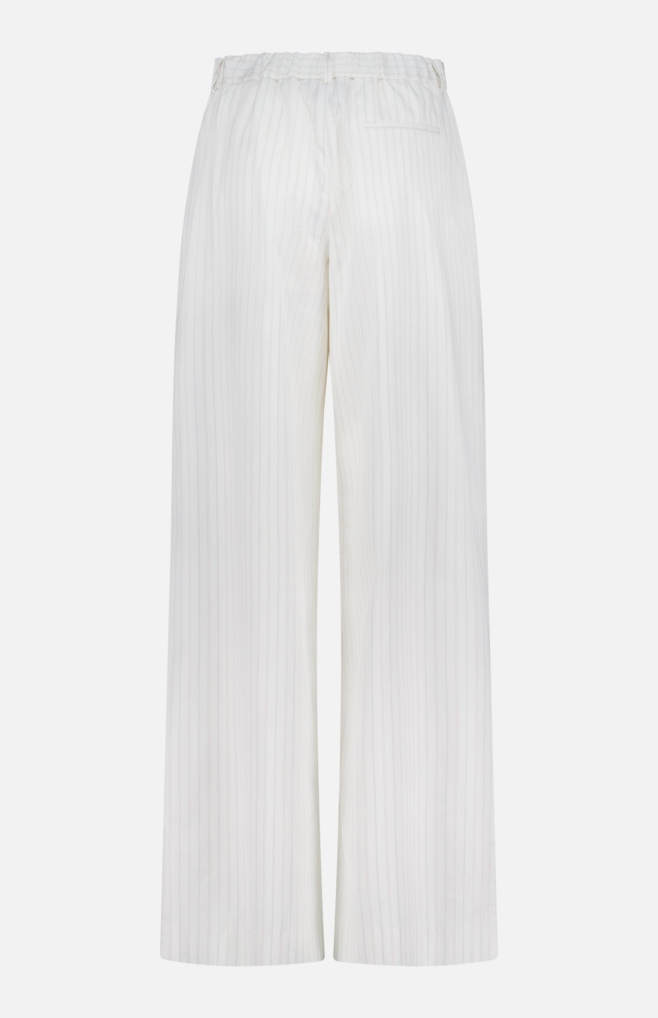The TWP Hudson St Trouser Pant features white fabric with subtle vertical pinstripes, an elasticized waist, and a single back pocket. These relaxed-fit pants are shown against a plain white background.
