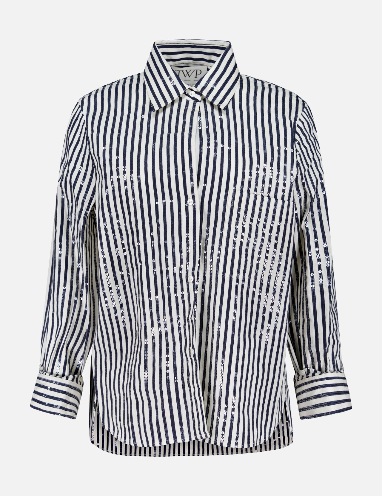 The TWP Next Morning Clear Sequin Shirt is a long-sleeve, collared button-up made from Italian cotton with vertical navy and white stripes and a front pocket, displayed against a plain white background.