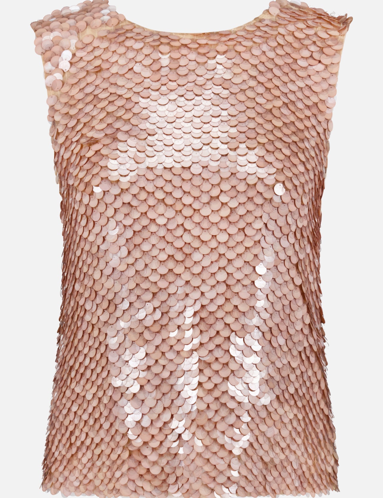 The TWP Sparkling Circular Paillettes Tank Top features pale pink mesh covered in shiny overlapping sequins, finished with a straight cut and round neckline—a standout piece for women’s essentials.