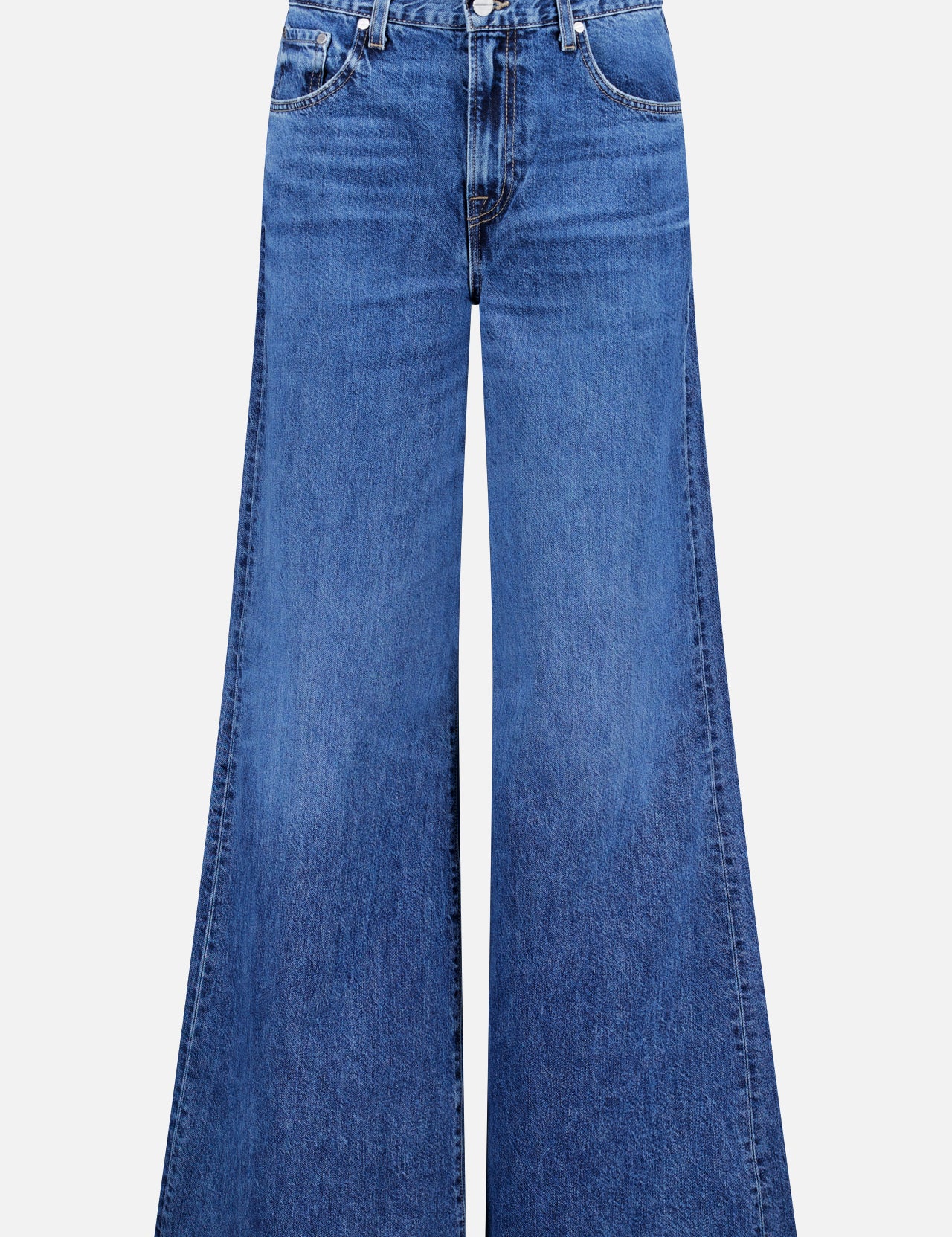 The TWP Tall Tiny Dancer Wide Leg Jean is a pair of blue, vintage-inspired high-waisted jeans featuring a wide-leg fit, front and back pockets, belt loops, and button-zip closure—ideal for upgrading your women's denim collection.