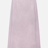 The TWP Striped A-Line Skirt is a high-waisted white skirt with vertical red and white pinstripes, inspired by nautical style. This chic women's workwear piece is shown against a plain white background.