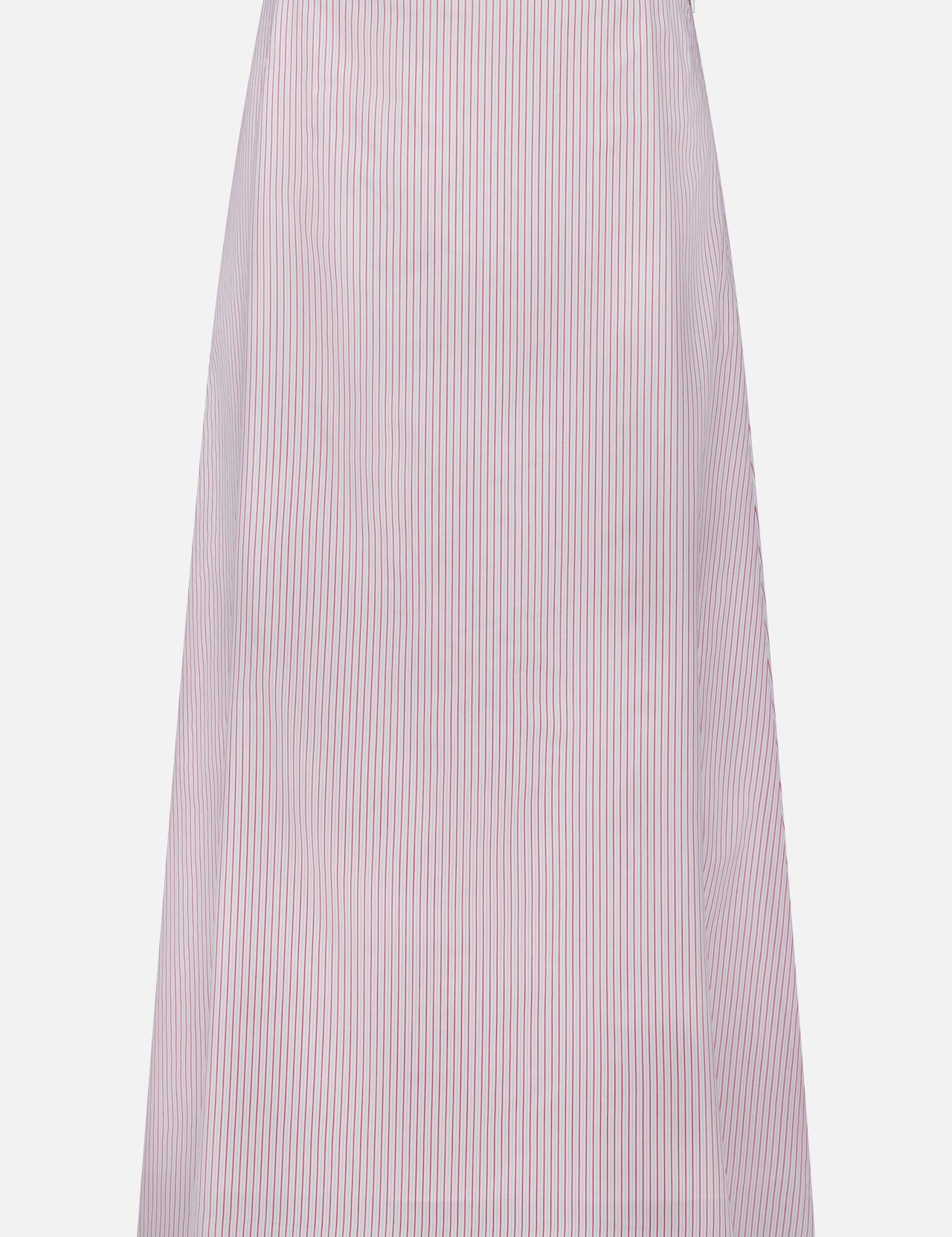 The TWP Striped A-Line Skirt is a high-waisted white skirt with vertical red and white pinstripes, inspired by nautical style. This chic women's workwear piece is shown against a plain white background.