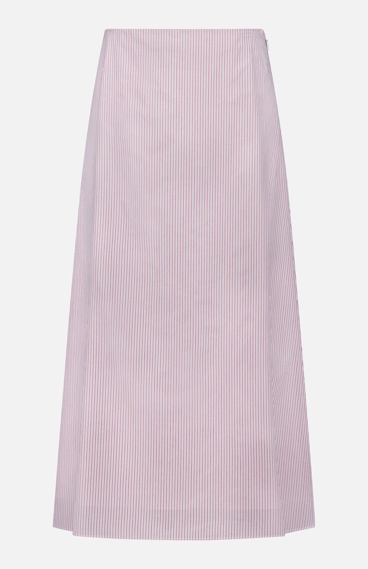 The TWP Striped A-Line Skirt is a high-waisted white skirt with vertical red and white pinstripes, inspired by nautical style. This chic women's workwear piece is shown against a plain white background.