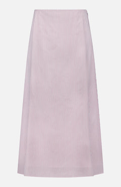 The TWP Striped A-Line Skirt is a high-waisted white skirt with vertical red and white pinstripes, inspired by nautical style. This chic women's workwear piece is shown against a plain white background.
