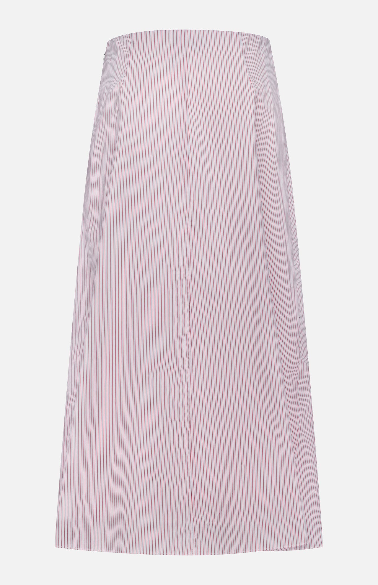 The TWP Striped A-Line Skirt features a high waist and vertical red and blue pinstripes on white fabric, capturing nautical style, shown against a plain white background.