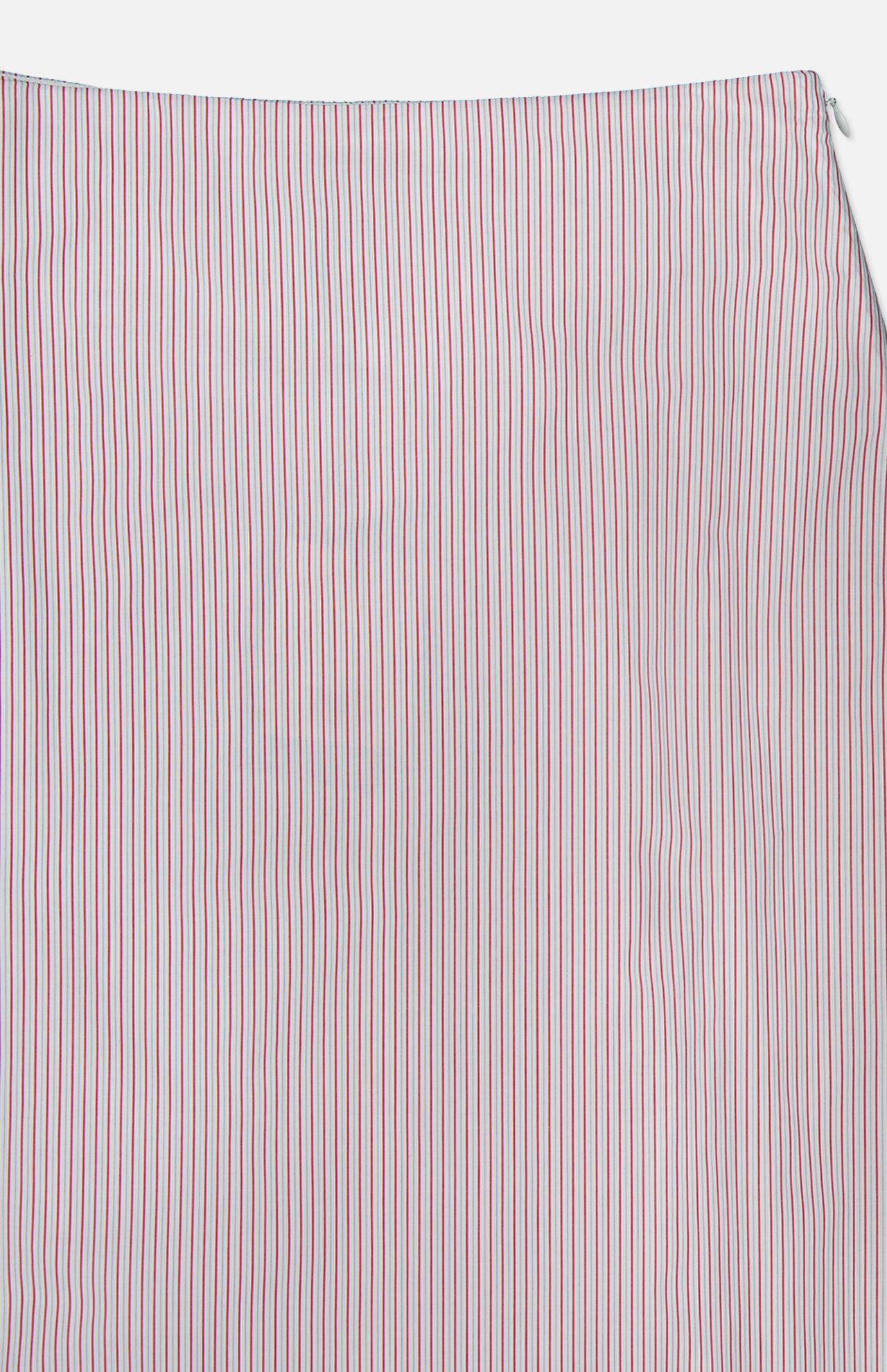 A close-up of TWP's Striped A-Line Skirt shows thin vertical red and blue stripes on white, evoking classic nautical style—an ideal pick for women's workwear paired with a crisp blouse.