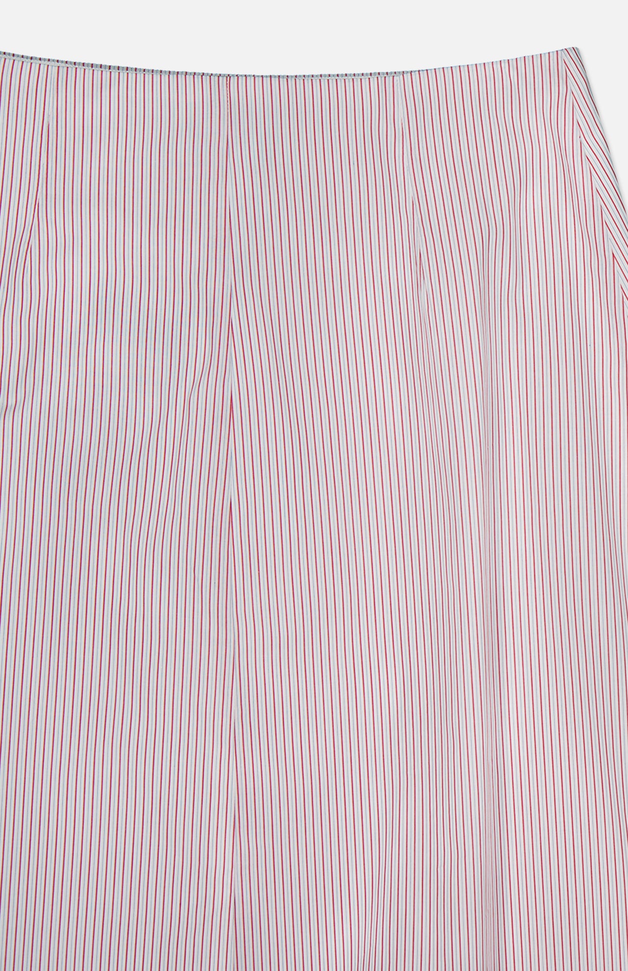 Close-up of TWP’s Striped A-Line Skirt shows smooth fabric with thin red and white vertical pinstripes and subtle pleats near the top, giving a classic, nautical-inspired look ideal for women’s workwear or everyday style.
