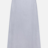 The TWP Striped A-Line Skirt features vertical blue and white pinstripes on cotton in a knee-length cut—ideal for stylish women's workwear, shown against a plain white background.