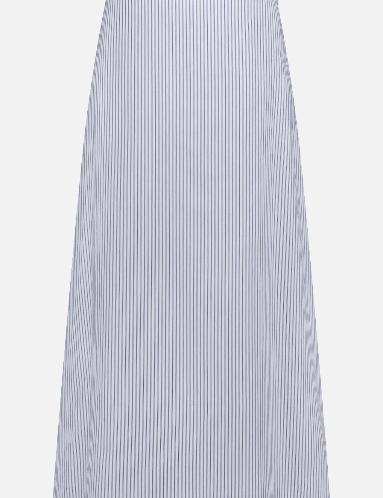 The TWP Striped A-Line Skirt features vertical blue and white pinstripes on cotton in a knee-length cut—ideal for stylish women's workwear, shown against a plain white background.