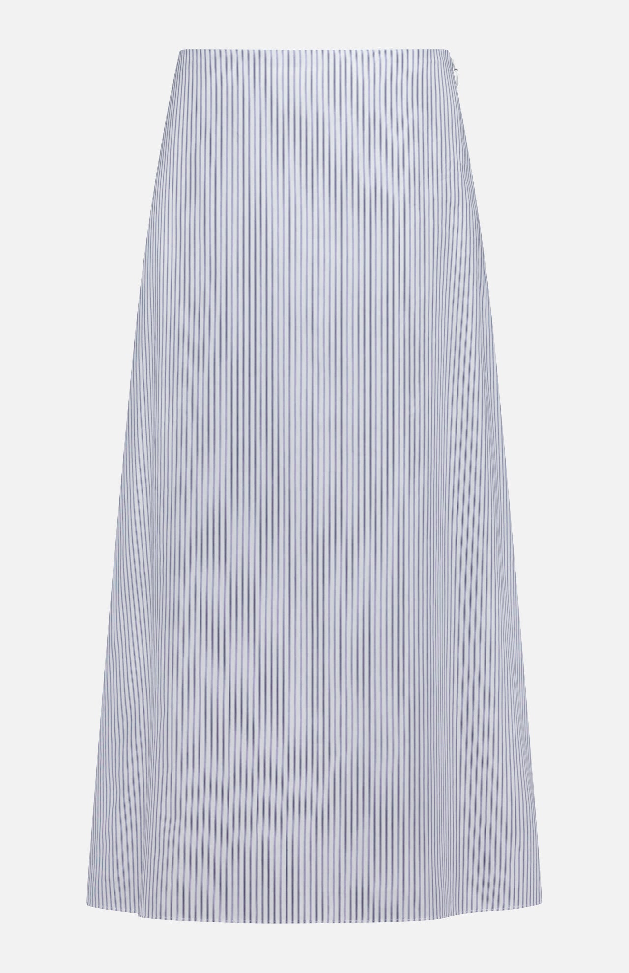 The TWP Striped A-Line Skirt features vertical blue and white pinstripes on cotton in a knee-length cut—ideal for stylish women's workwear, shown against a plain white background.