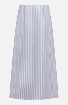 The TWP Striped A-Line Skirt features vertical blue and white pinstripes on cotton in a knee-length cut—ideal for stylish women's workwear, shown against a plain white background.
