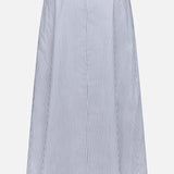 The TWP Striped A-Line Skirt is a knee-length, blue and white cotton piece with vertical stripes. Shown on a plain white background, its simple, tailored design makes it ideal for women’s workwear.