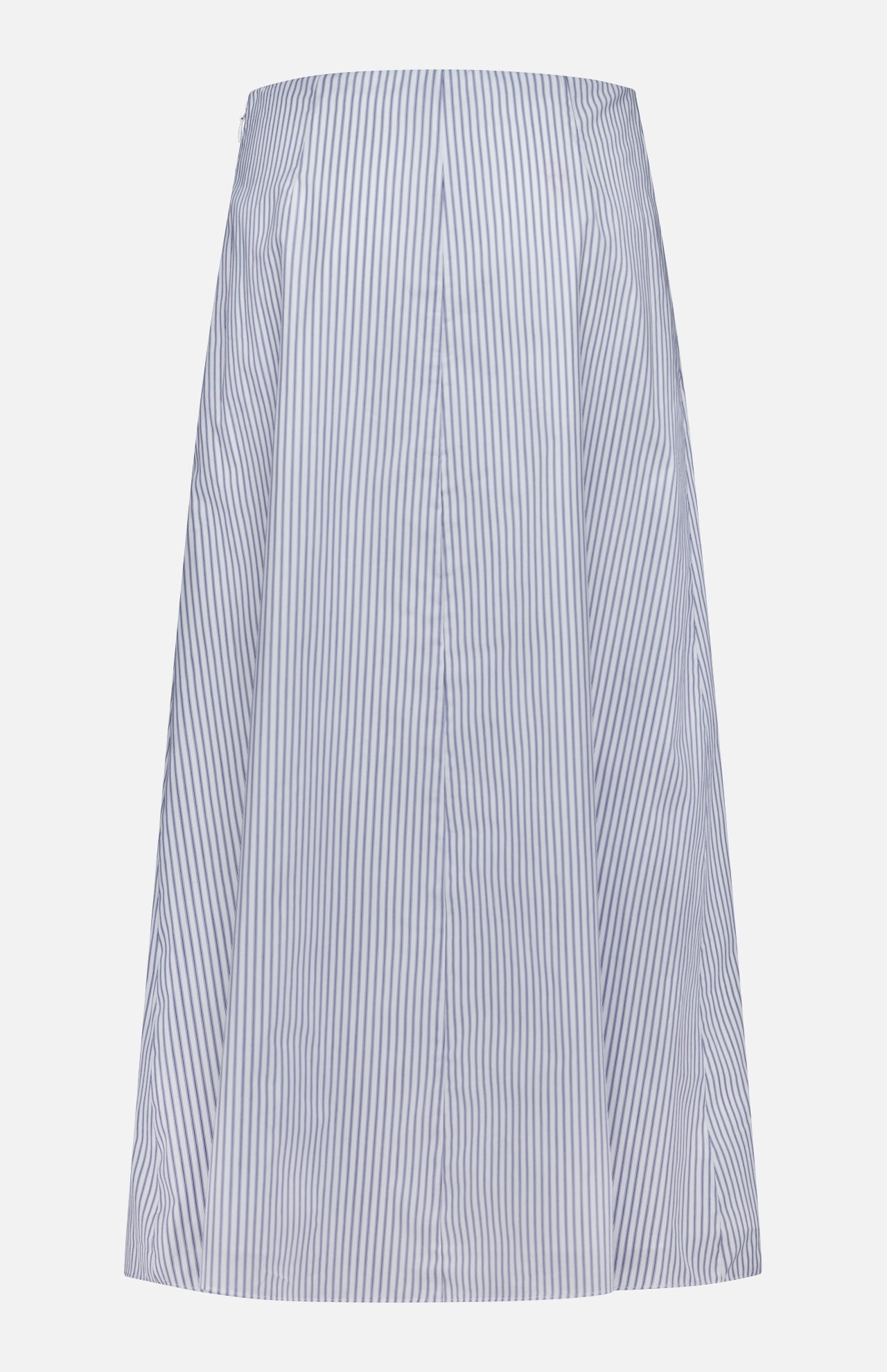 The TWP Striped A-Line Skirt is a knee-length, blue and white cotton piece with vertical stripes. Shown on a plain white background, its simple, tailored design makes it ideal for women’s workwear.