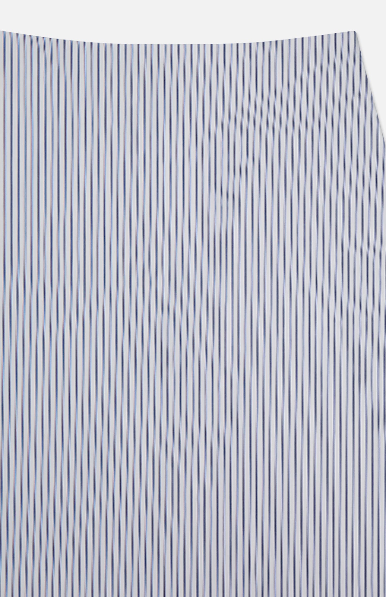 Close-up of the TWP Striped A-Line Skirt, featuring vertical blue and white stripes on cotton fabric, slightly wrinkled, set against a plain white background—ideal for classic women's workwear.