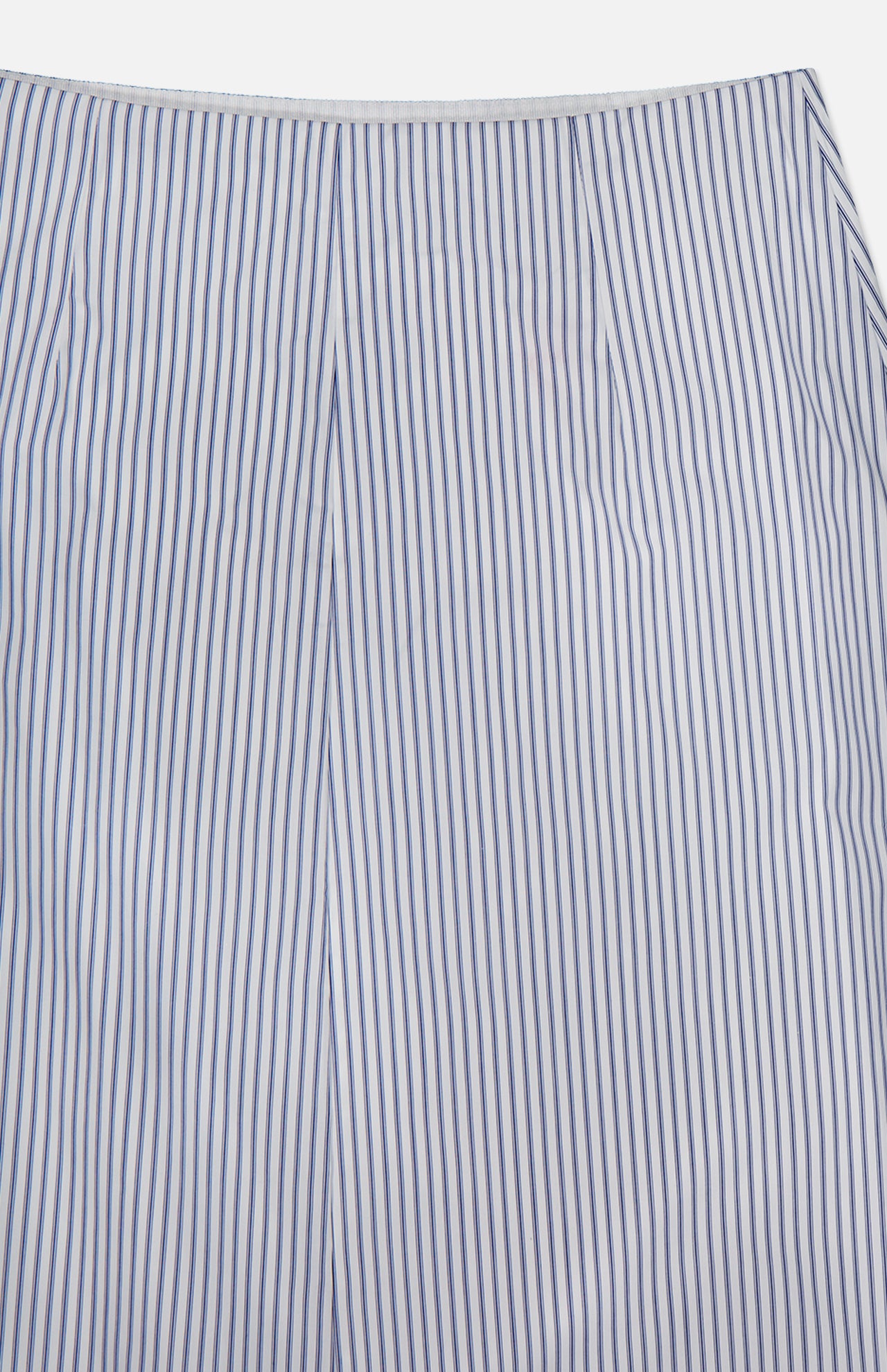 Close-up of the TWP Striped A-Line Skirt, featuring white cotton fabric with vertical blue pinstripes. The image highlights the waistband and upper section of this classic women’s piece.