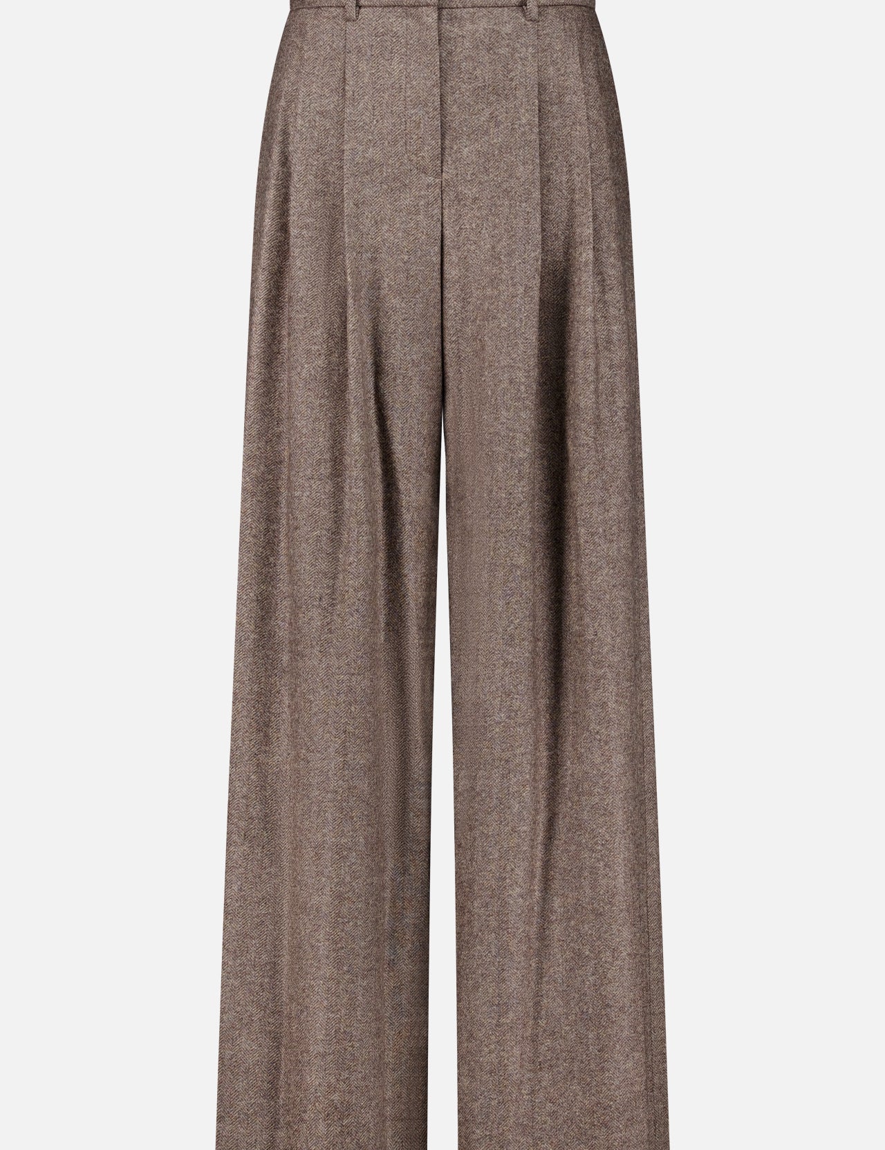 The Avery Wide Leg Trouser Pant by TWP showcases a refined, wide-leg silhouette with a high-waisted fit, front pleats, and belt loops in a rich brown hue—an ideal and versatile workwear option for women. Displayed on a plain white background.