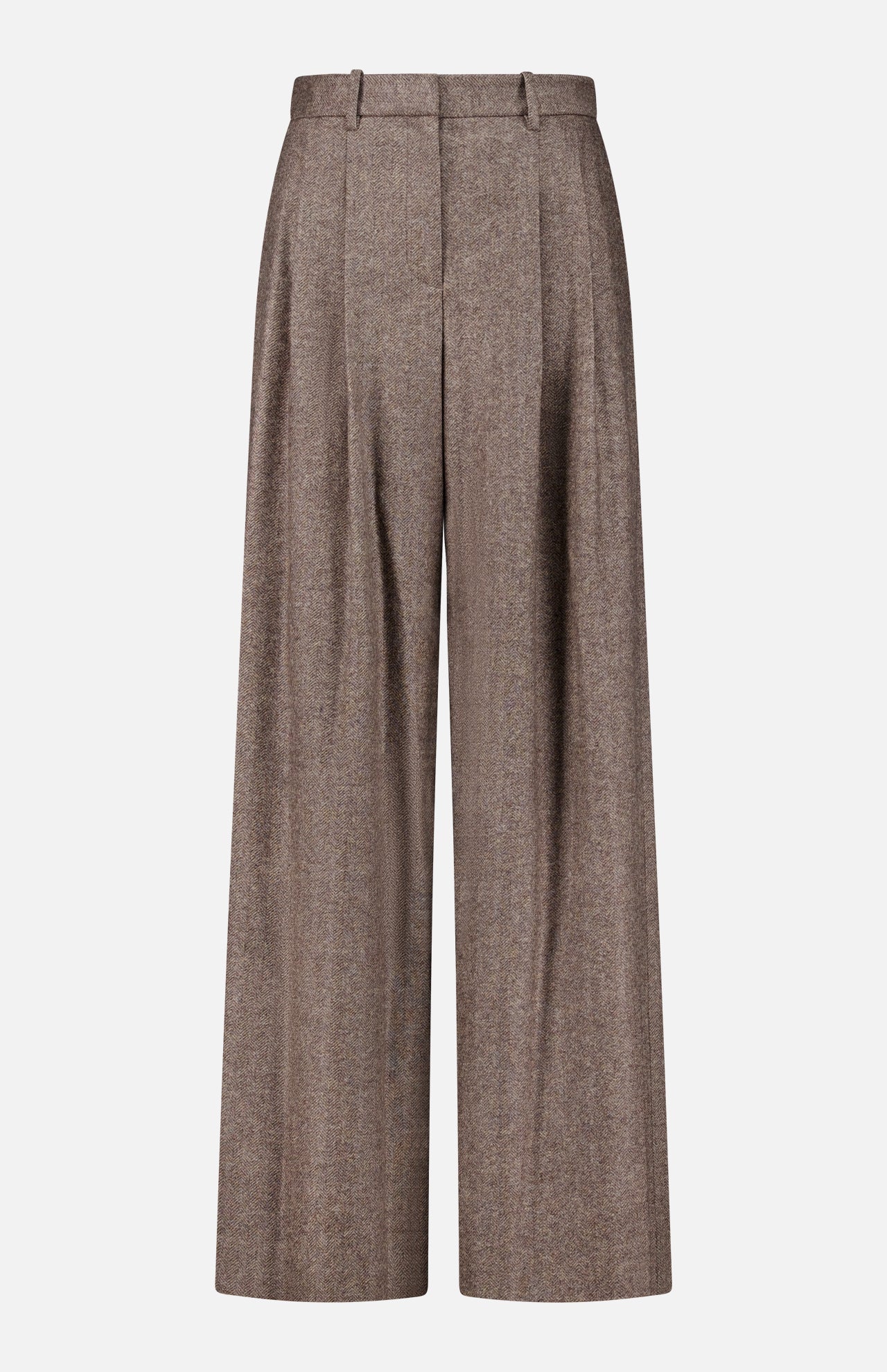 The Avery Wide Leg Trouser Pant by TWP showcases a refined, wide-leg silhouette with a high-waisted fit, front pleats, and belt loops in a rich brown hue—an ideal and versatile workwear option for women. Displayed on a plain white background.