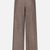 The Avery Wide Leg Trouser Pant by TWP is shown from the back, highlighting its wide-leg silhouette, belt loops, and a single right back pocket. Featuring a relaxed, straight fit with subtly textured fabric, these brown trouser pants are an ideal choice for women seeking comfortable yet stylish workwear.