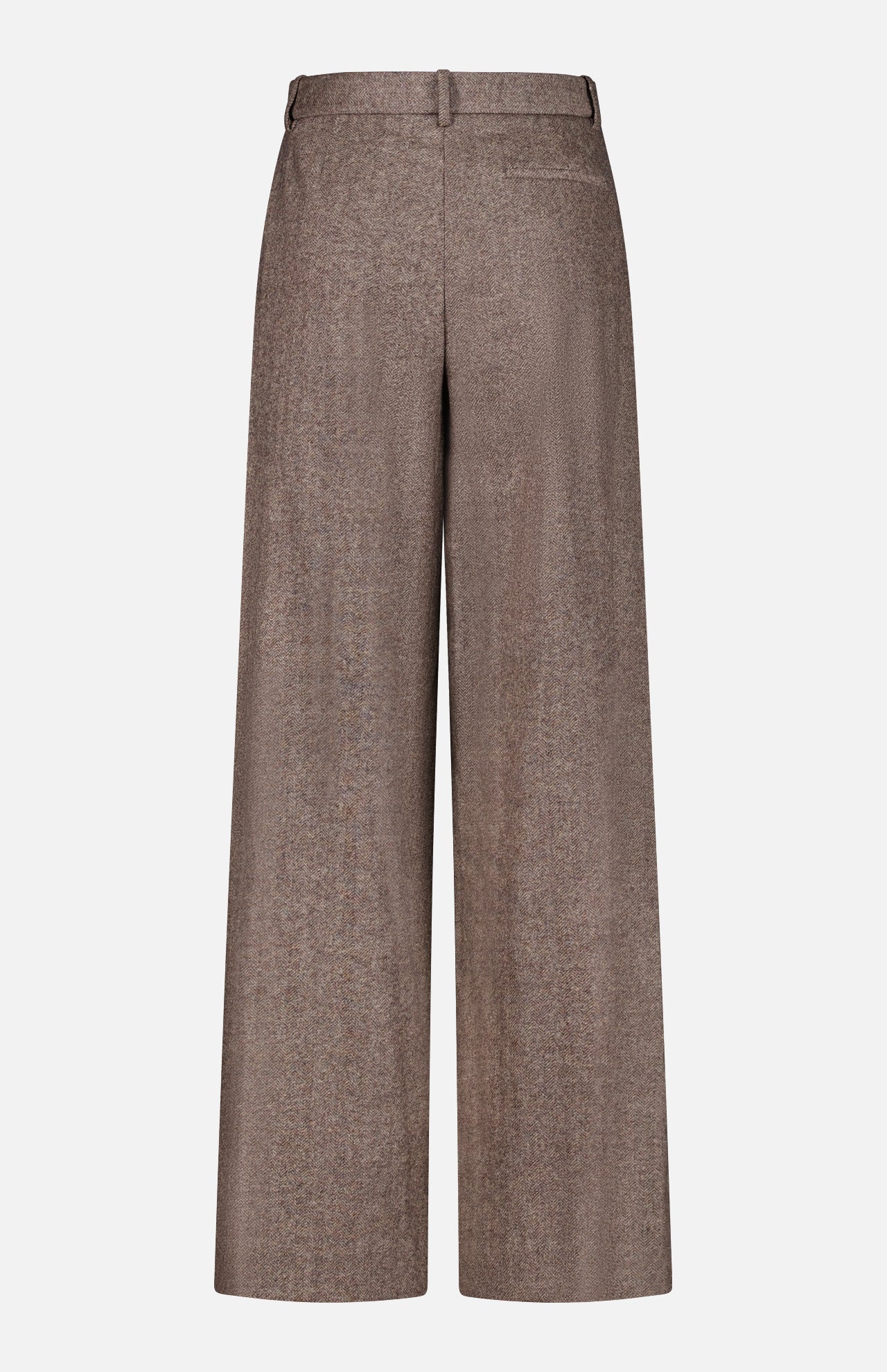 The Avery Wide Leg Trouser Pant by TWP is shown from the back, highlighting its wide-leg silhouette, belt loops, and a single right back pocket. Featuring a relaxed, straight fit with subtly textured fabric, these brown trouser pants are an ideal choice for women seeking comfortable yet stylish workwear.