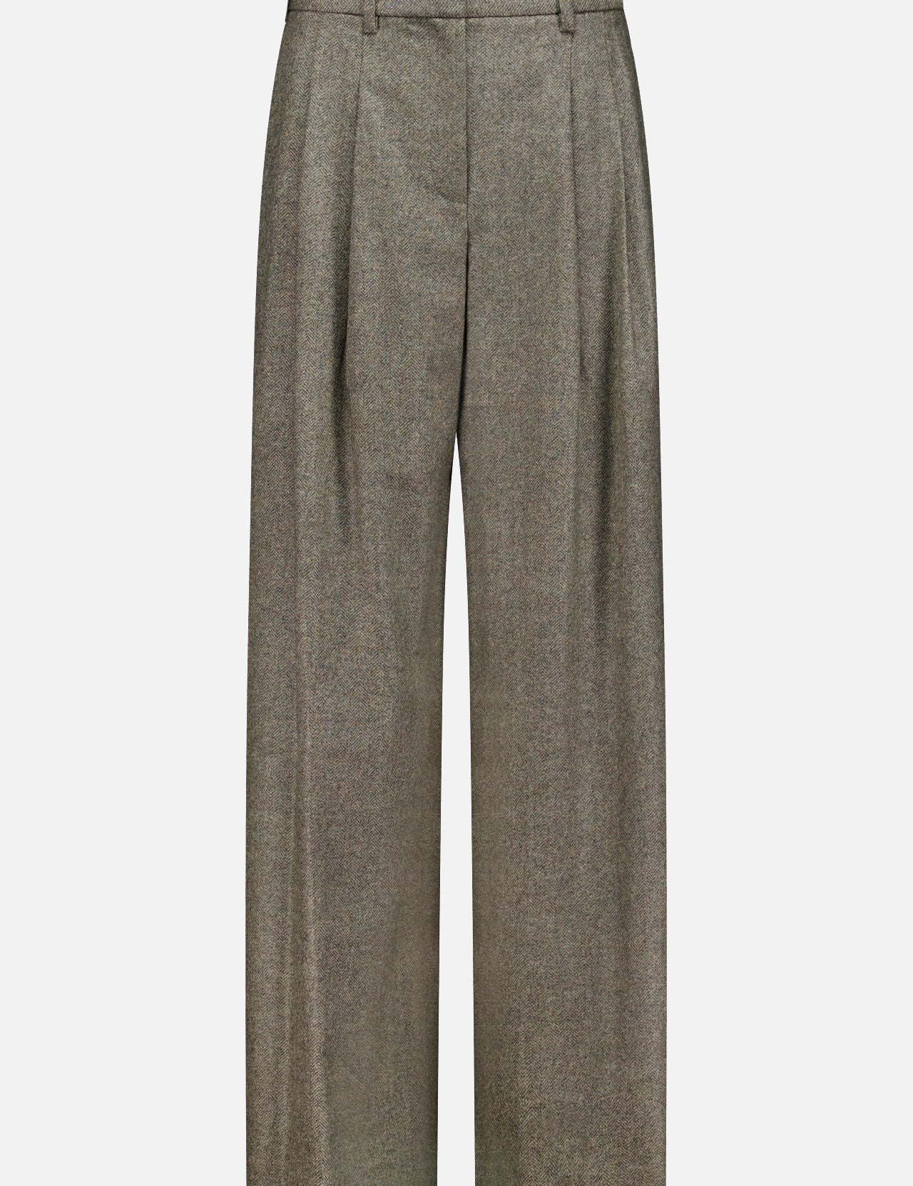 The Avery Herringbone Wide Leg Trouser by TWP showcases high-waisted, wide-leg gray cashmere wool pants with front pleats and belt loops, elegantly presented against a plain white background—an elevated interpretation of classic women’s workwear.