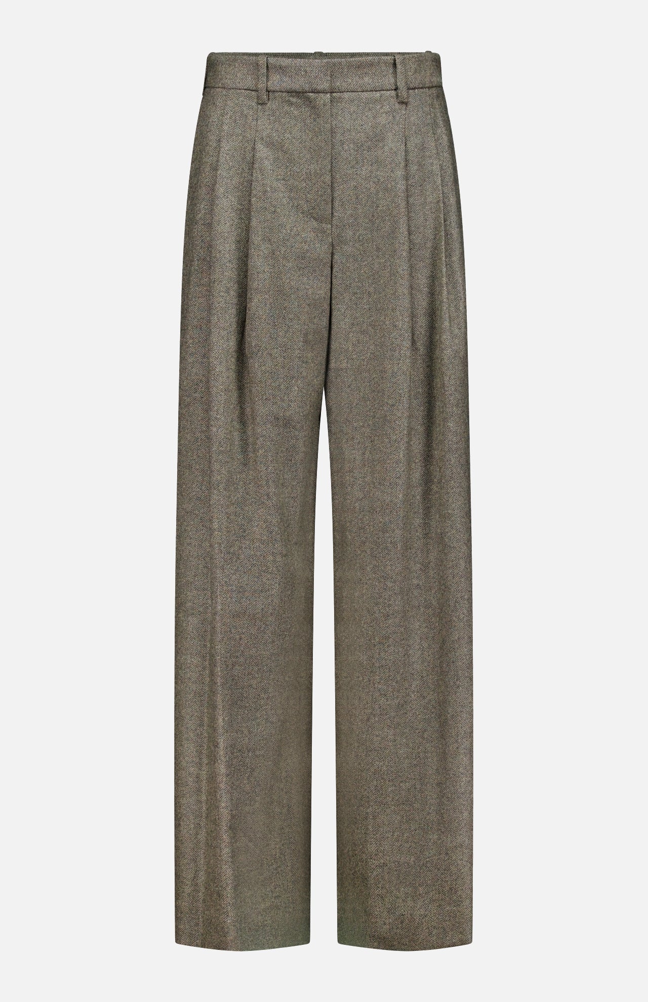 The Avery Herringbone Wide Leg Trouser by TWP showcases high-waisted, wide-leg gray cashmere wool pants with front pleats and belt loops, elegantly presented against a plain white background—an elevated interpretation of classic women’s workwear.