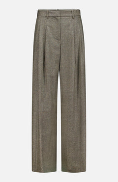 The Avery Herringbone Wide Leg Trouser by TWP showcases high-waisted, wide-leg gray cashmere wool pants with front pleats and belt loops, elegantly presented against a plain white background—an elevated interpretation of classic women’s workwear.