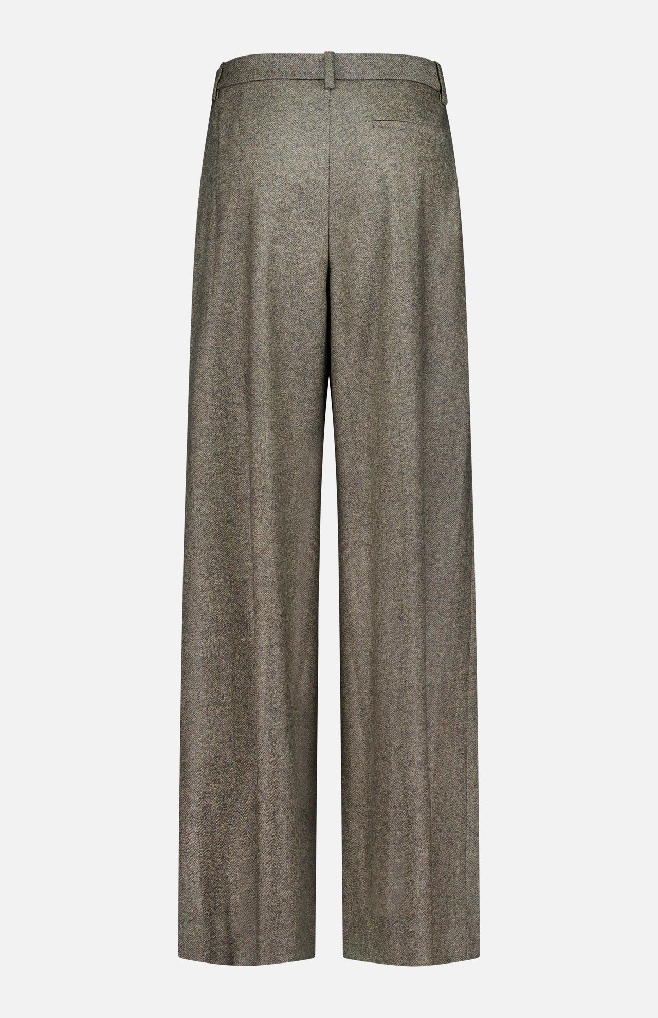 Back view of the TWP Avery Herringbone Wide Leg Trouser in gray, featuring belt loops, a single right back pocket, and a subtle herringbone texture. Set against a plain white background, these luxurious cashmere wool pants exemplify elegant women's workwear.