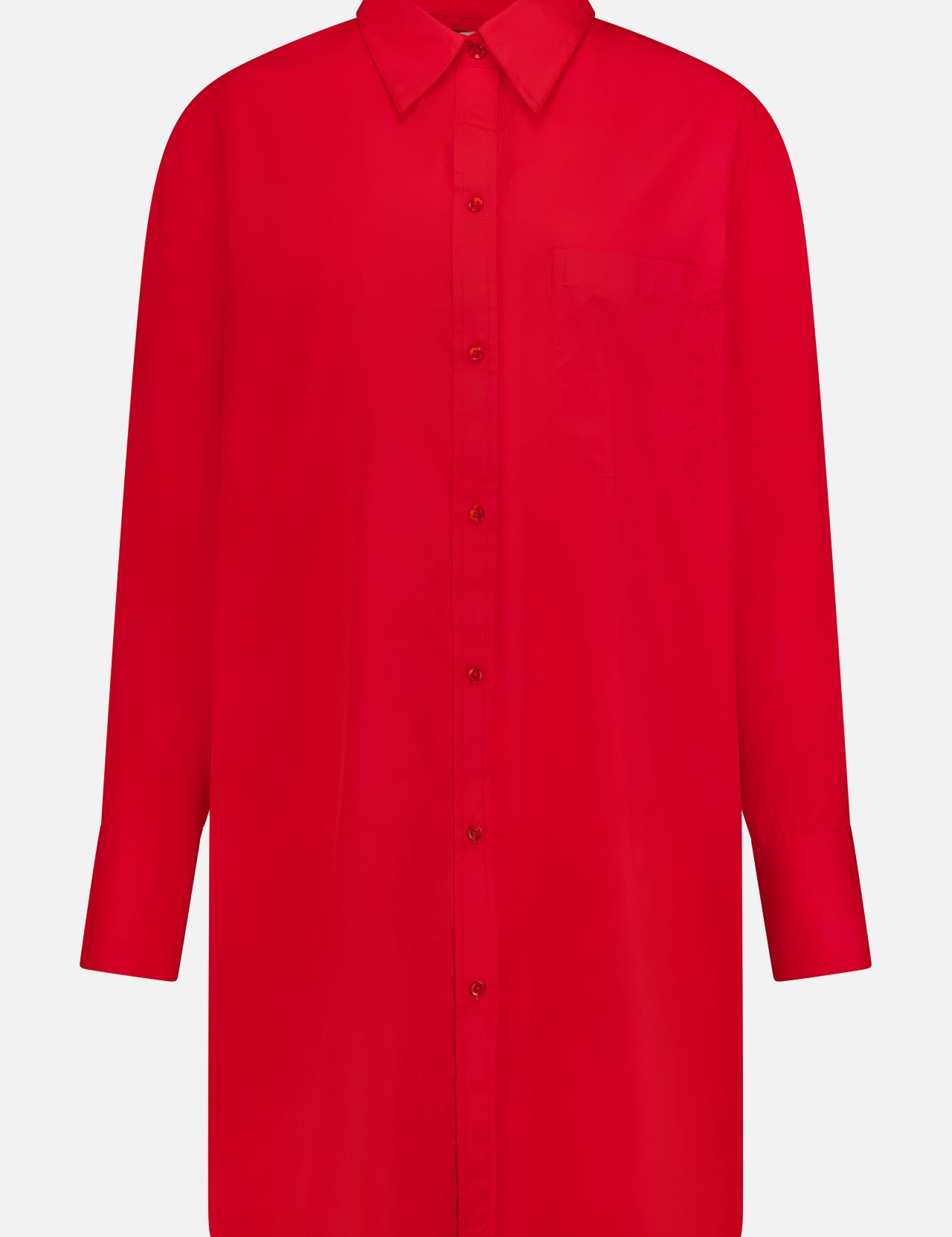 The TWP Big Joe Oversized Shirt Dress in bright red features long sleeves, a pointed collar, left chest pocket, and a relaxed fit for versatile women’s workwear. Shown against a white background.