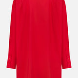 The TWP Big Joe Oversized Shirt Dress is a loose-fitting red piece with long sleeves, classic collar, and buttoned cuffs, shown from the back—ideal workwear for women who want comfort and style.