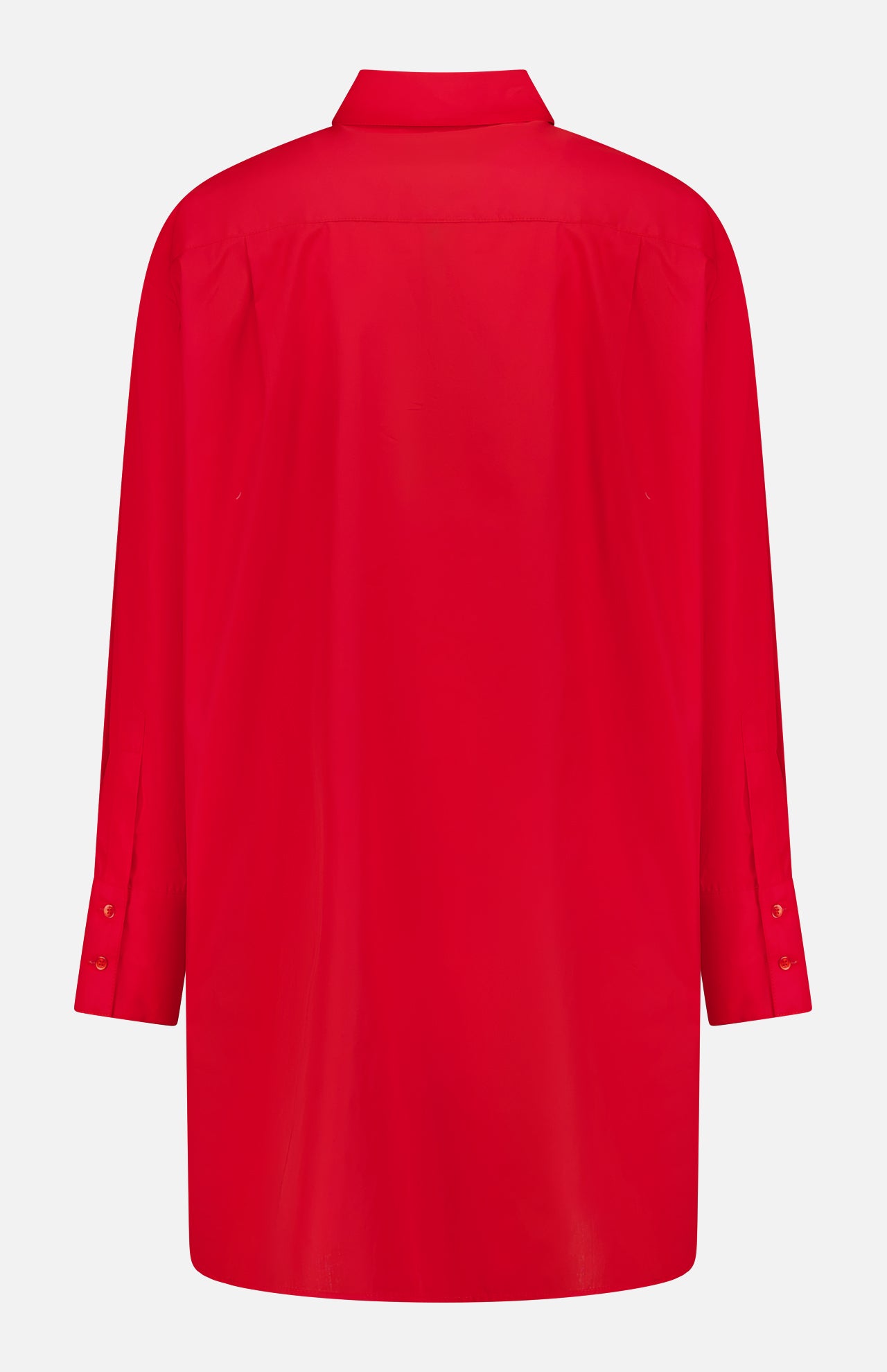 The TWP Big Joe Oversized Shirt Dress is a loose-fitting red piece with long sleeves, classic collar, and buttoned cuffs, shown from the back—ideal workwear for women who want comfort and style.