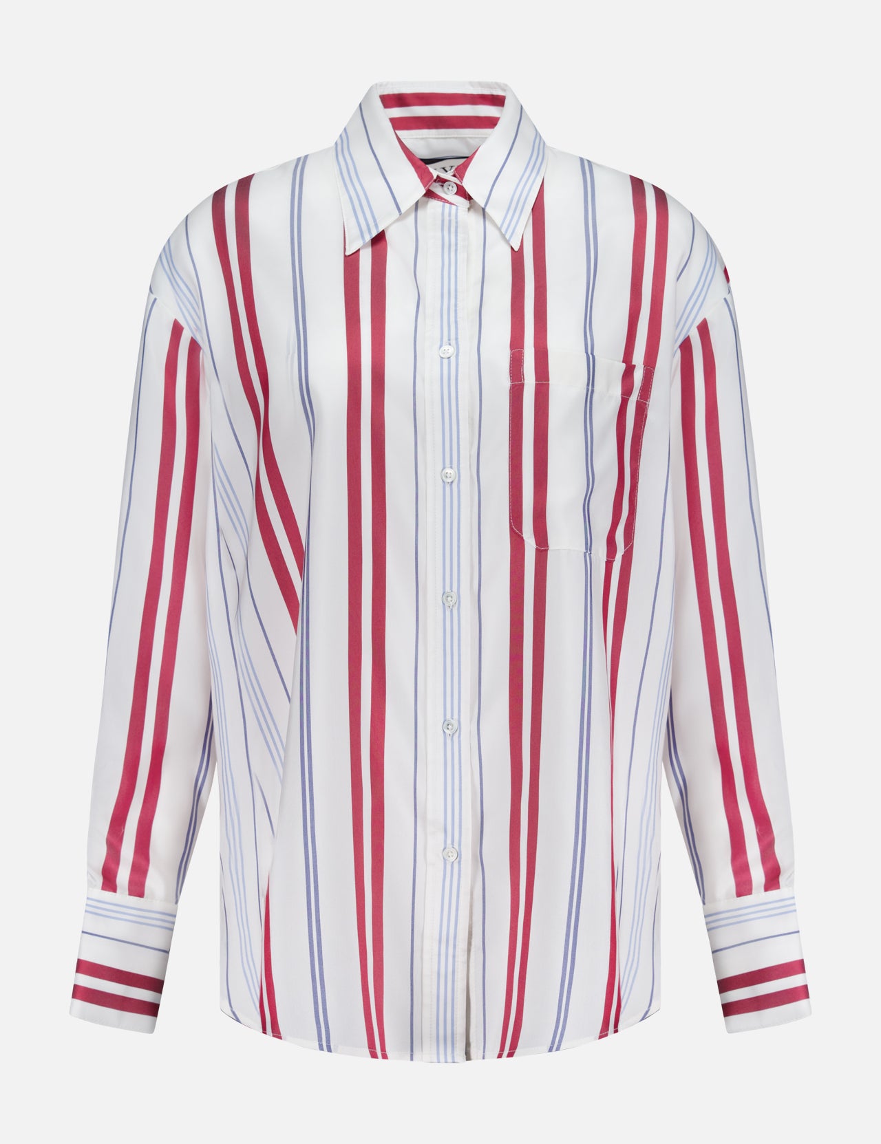 The Big Joe Oversized Shirt by TWP is a menswear-inspired, long-sleeve button-up with a collar, single chest pocket, and vertical red and blue stripes on a white background.