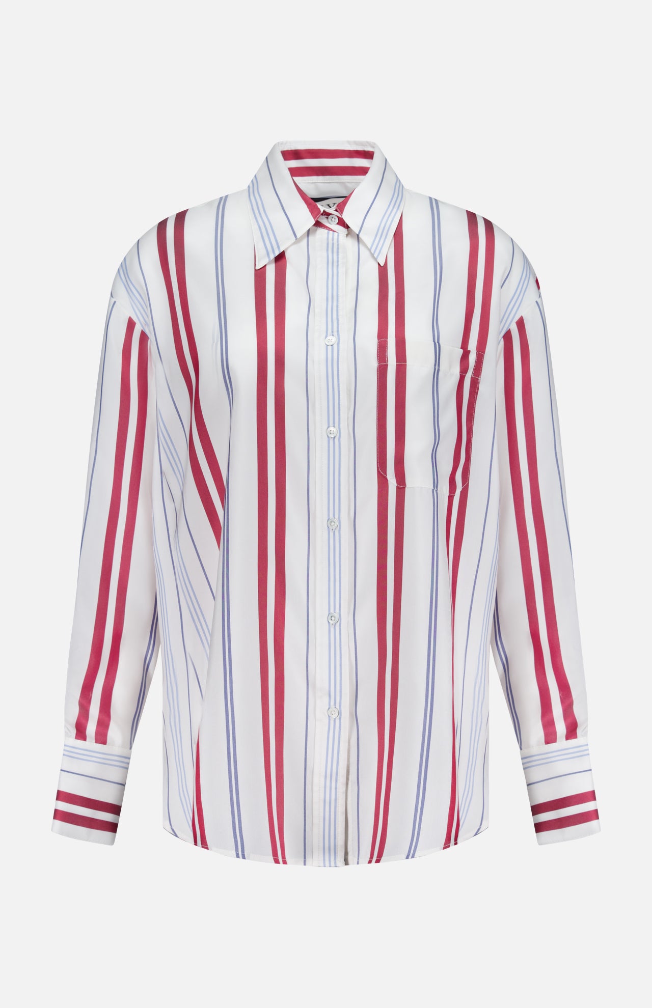 The Big Joe Oversized Shirt by TWP is a menswear-inspired, long-sleeve button-up with a collar, single chest pocket, and vertical red and blue stripes on a white background.