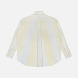 The Big Joe Oversized Stripe Shirt by TWP features yellow and light blue vertical stripes in a menswear-inspired, long-sleeved design, shown from the back against a plain white background.