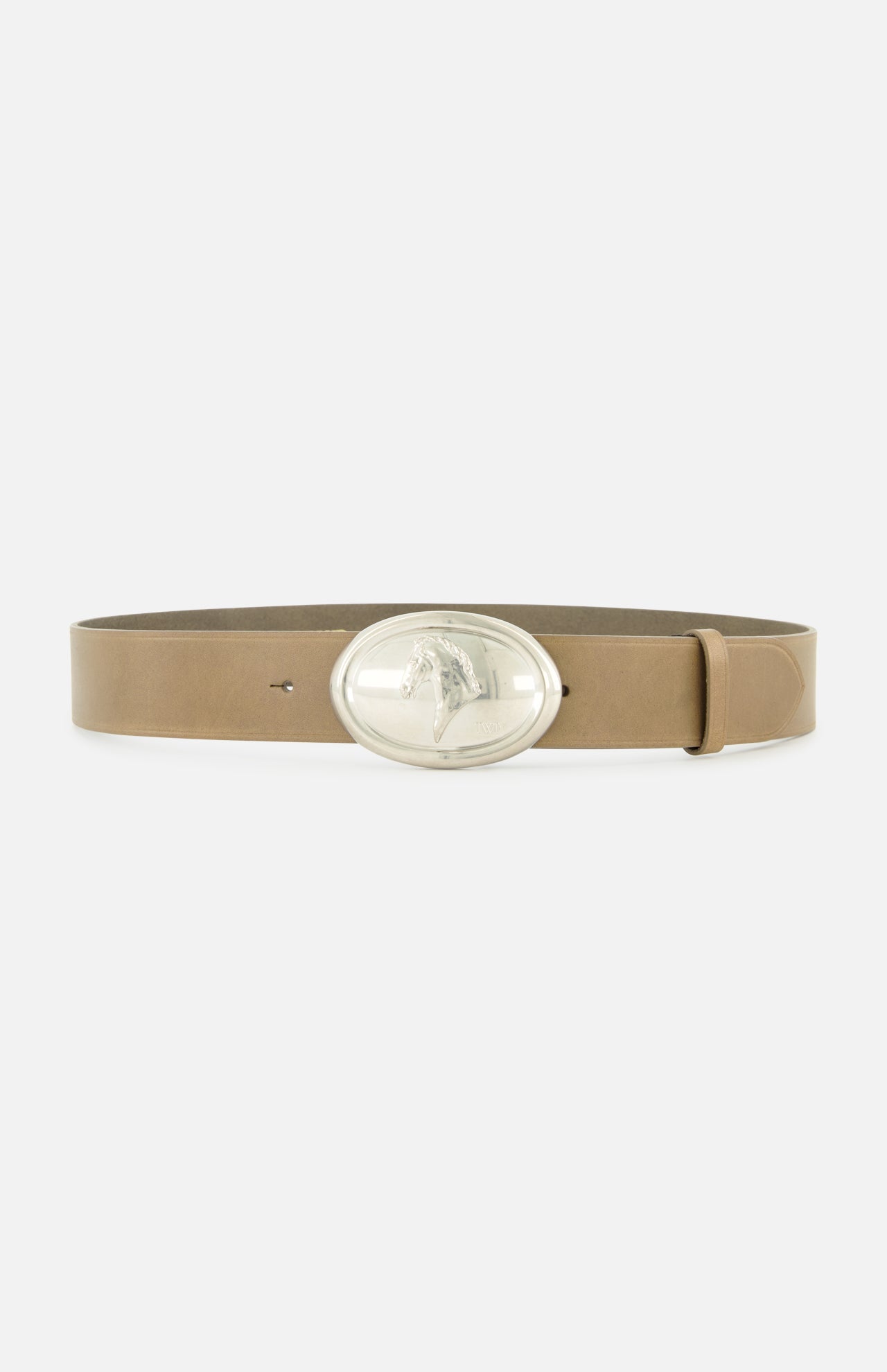 The TWP Buckle Bunny with Horse Motif Belt is a western-inspired brown leather belt featuring a large oval silver buckle with a raised horse motif at its center, shown against a plain white background.