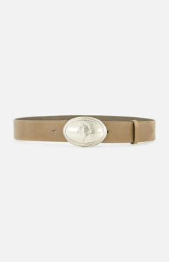 The TWP Buckle Bunny with Horse Motif Belt is a western-inspired brown leather belt featuring a large oval silver buckle with a raised horse motif at its center, shown against a plain white background.