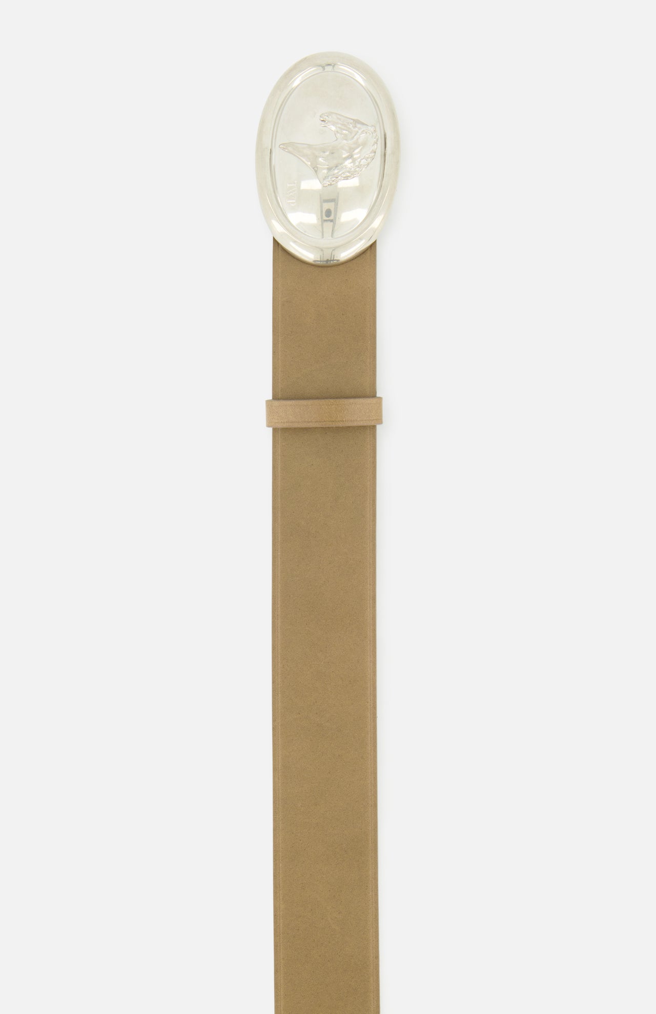 The Buckle Bunny with Horse Motif Belt by TWP is crafted from tan leather and features a western-inspired design, highlighted by an oval, translucent buckle embossed with a horse motif. The belt is displayed against a plain white background.