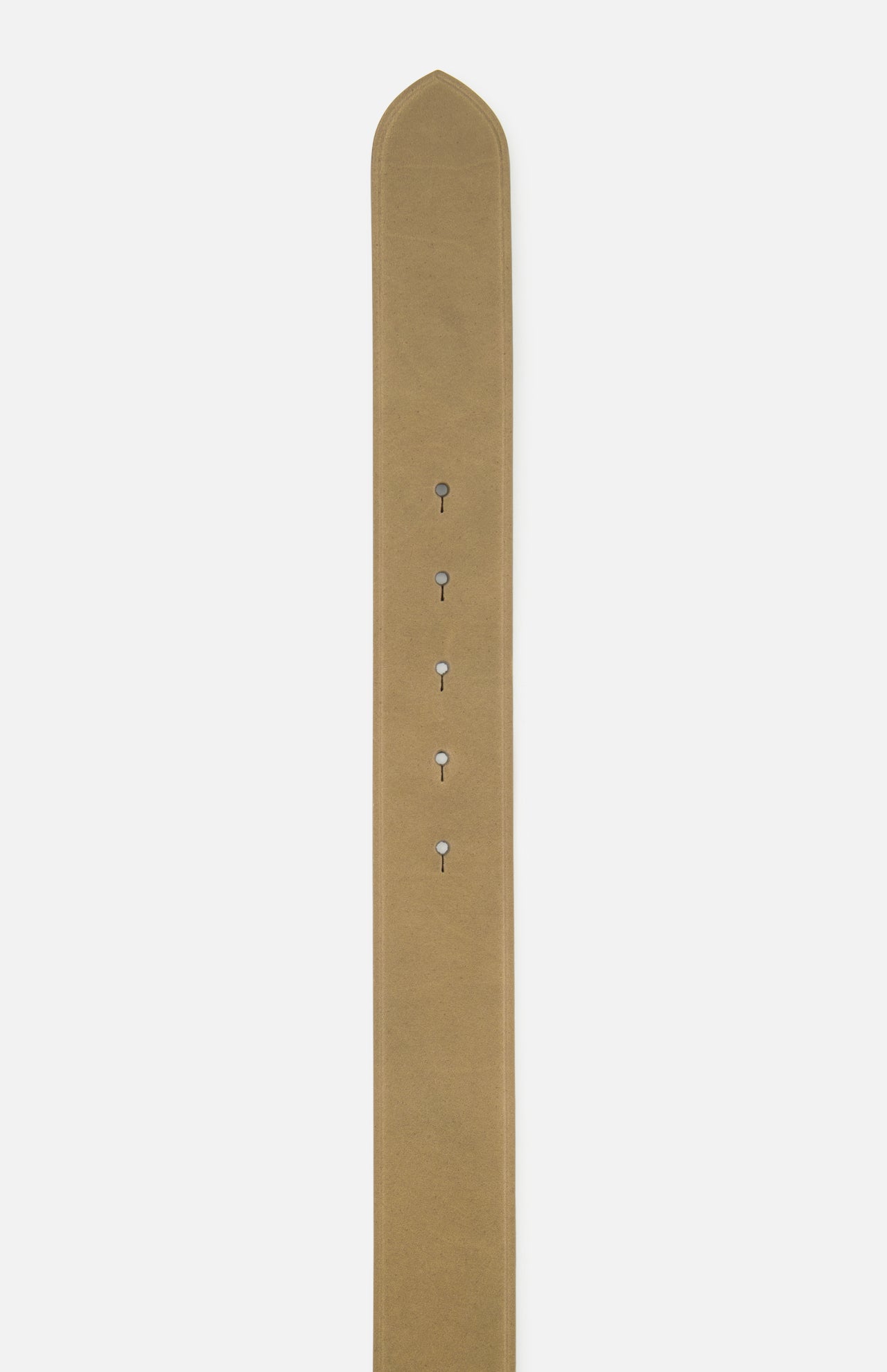 A close-up of the TWP Buckle Bunny with Horse Motif Belt, featuring a tan, western-inspired fabric design shown vertically with five evenly spaced holes and a pointed tip at the top.