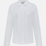 The Cowboy Update Relaxed Fit Shirt by TWP is a classic white button-down with long sleeves, a collar, and a single chest pocket, displayed on a white background—perfect for women seeking timeless style and versatile workwear.