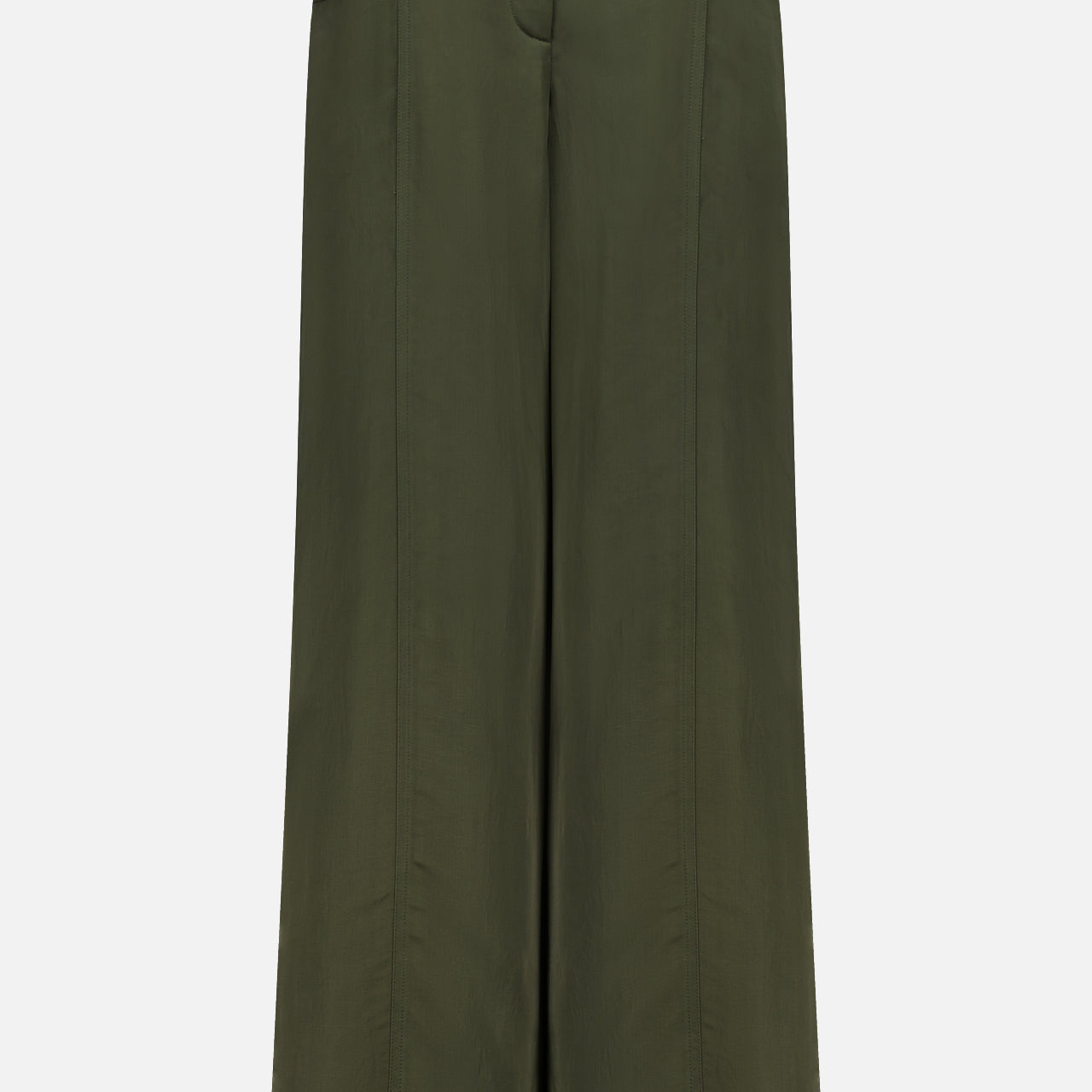 The Demie Wide Leg Trouser Pant by TWP is a high-waisted, wide-leg design in dark green, crafted from a viscose linen blend with front seams, side pockets, and a minimalistic aesthetic, shown against a plain white background.