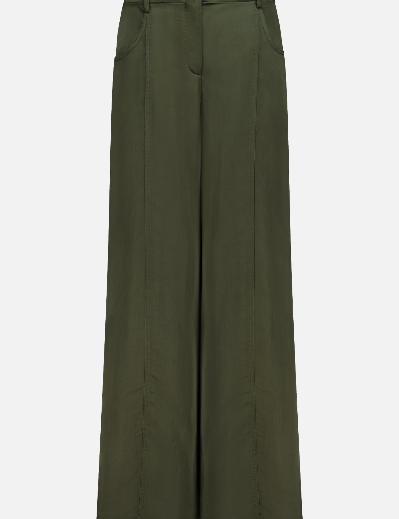 The Demie Wide Leg Trouser Pant by TWP is a high-waisted, wide-leg design in dark green, crafted from a viscose linen blend with front seams, side pockets, and a minimalistic aesthetic, shown against a plain white background.